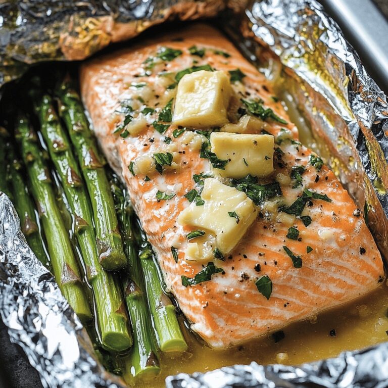 Baked Salmon In Foil With Asparagus And Garlic Butter Sauce Recipe