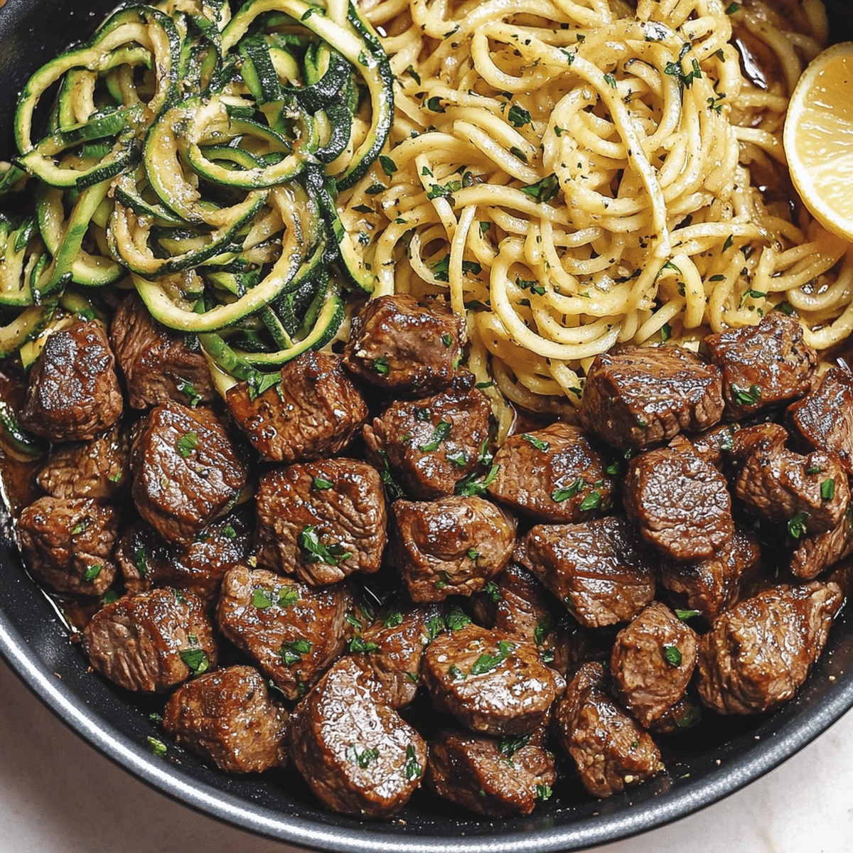 Garlic Butter Steak Bites With Lemon Zucchini Noodles Recipe