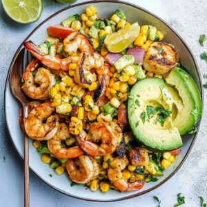 Vibrant Avocado Corn Salad with Grilled Shrimp Recipe