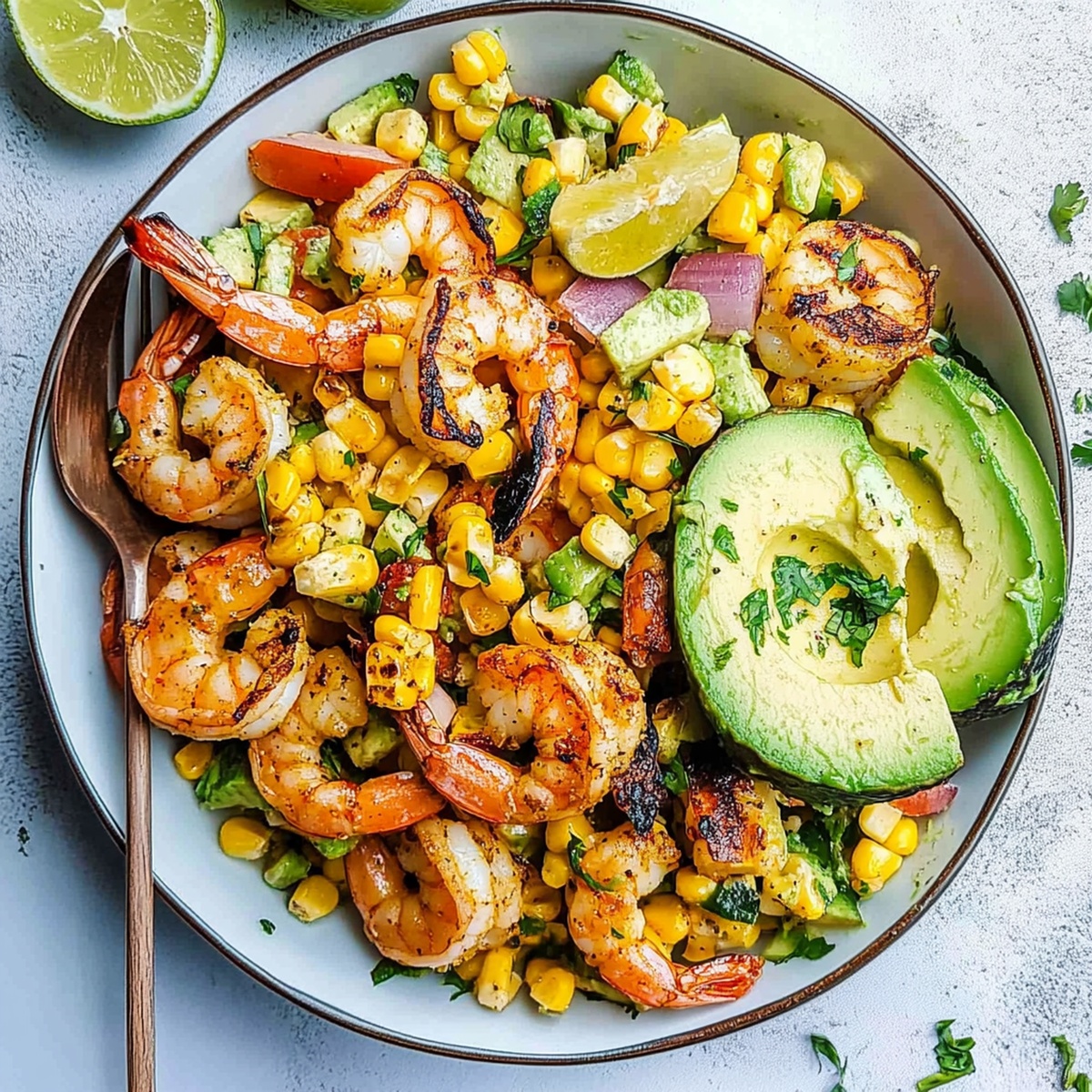 Vibrant Avocado Corn Salad with Grilled Shrimp Recipe
