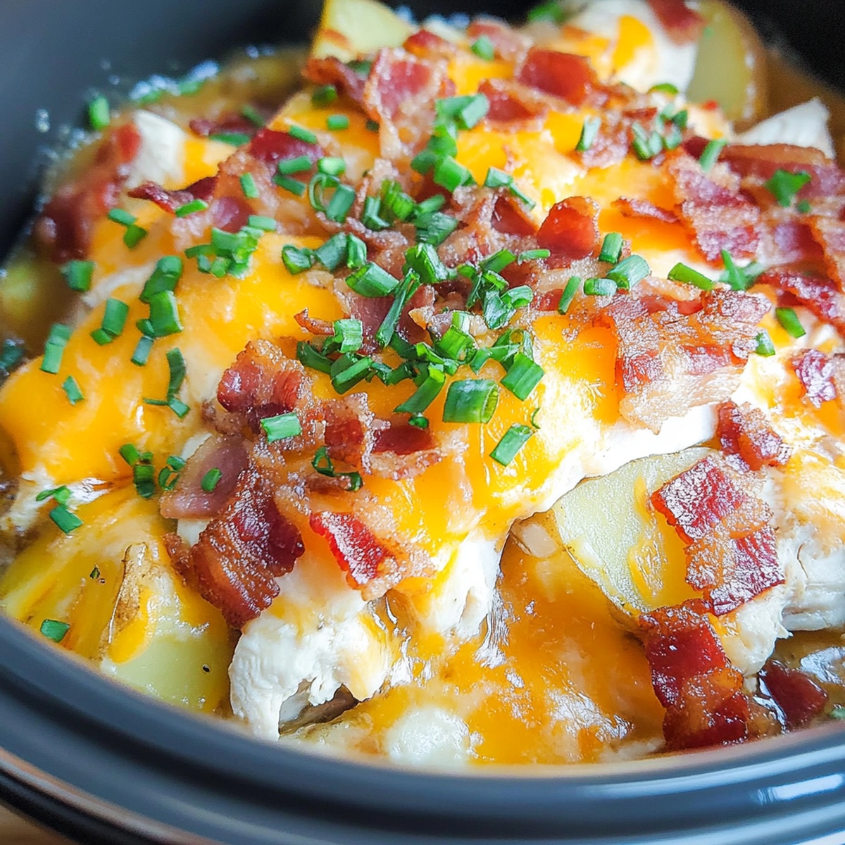 Creamy Cheddar Bacon Ranch Slow Cooker Chicken and Potatoes Recipe