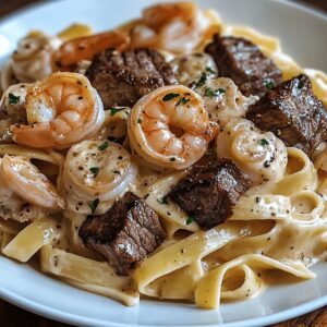 Spicy Cajun Shrimp and Steak Alfredo Pasta Recipe
