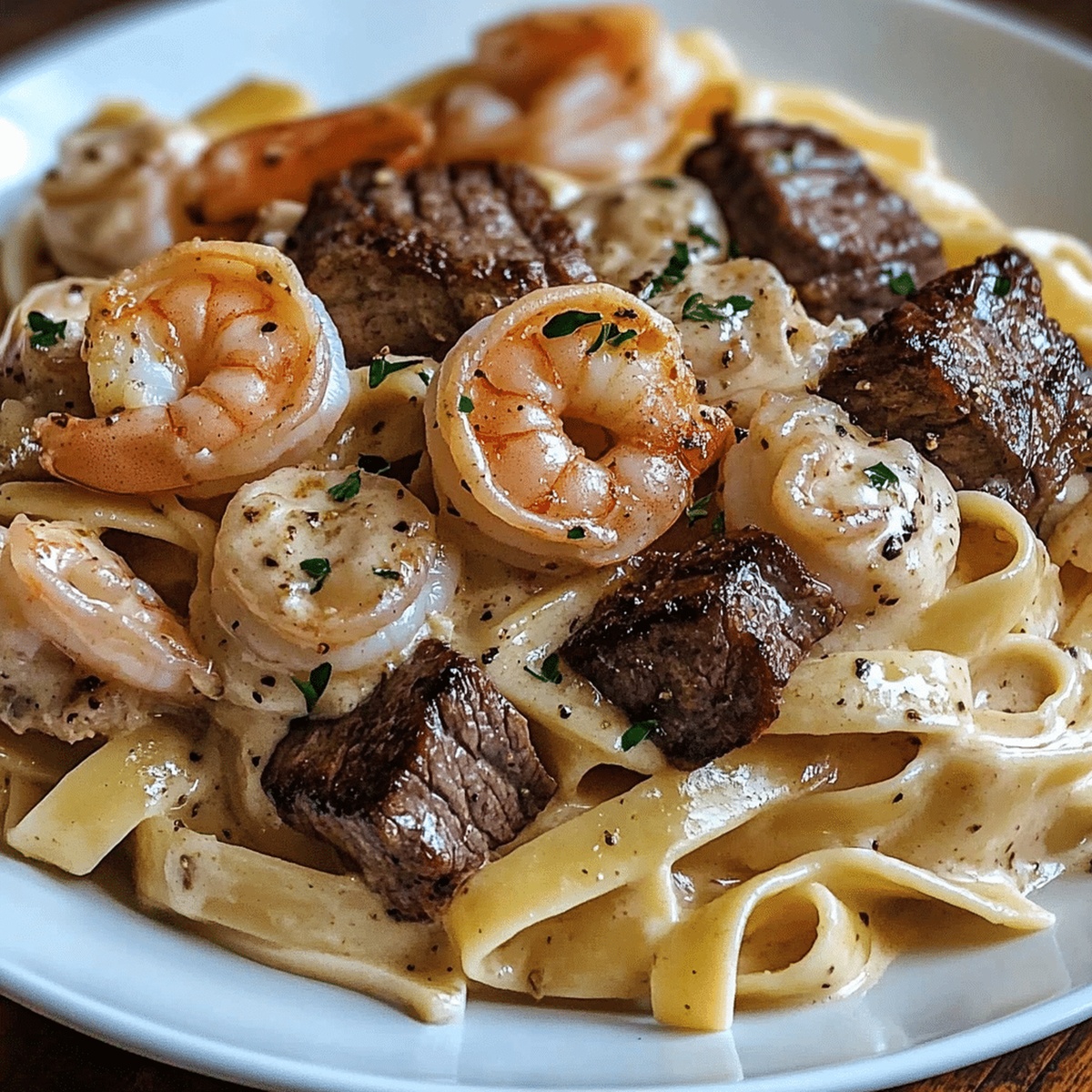 Spicy Cajun Shrimp and Steak Alfredo Pasta Recipe