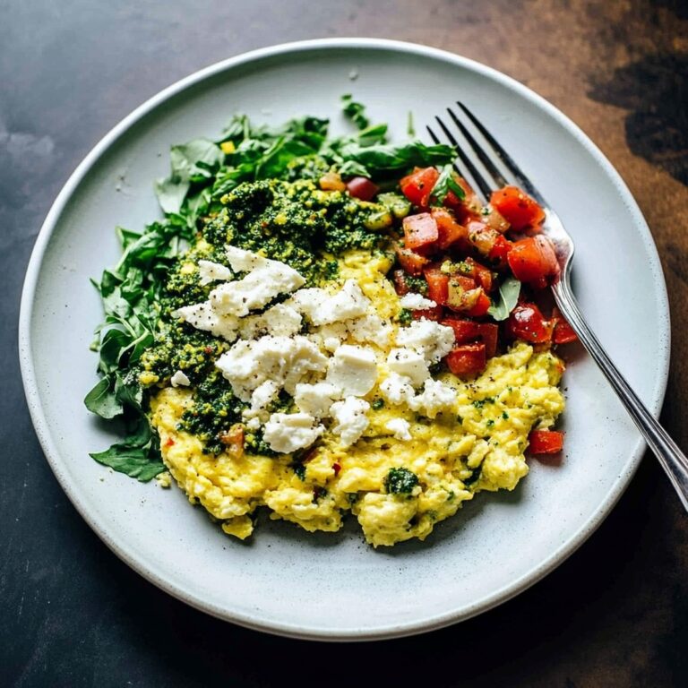 Silky Goat Cheese Scrambled Eggs with Pesto Veggies Recipe