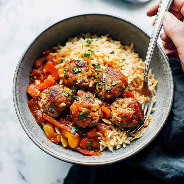 Spicy Chicken Meatballs with Peppers and Orzo Recipe
