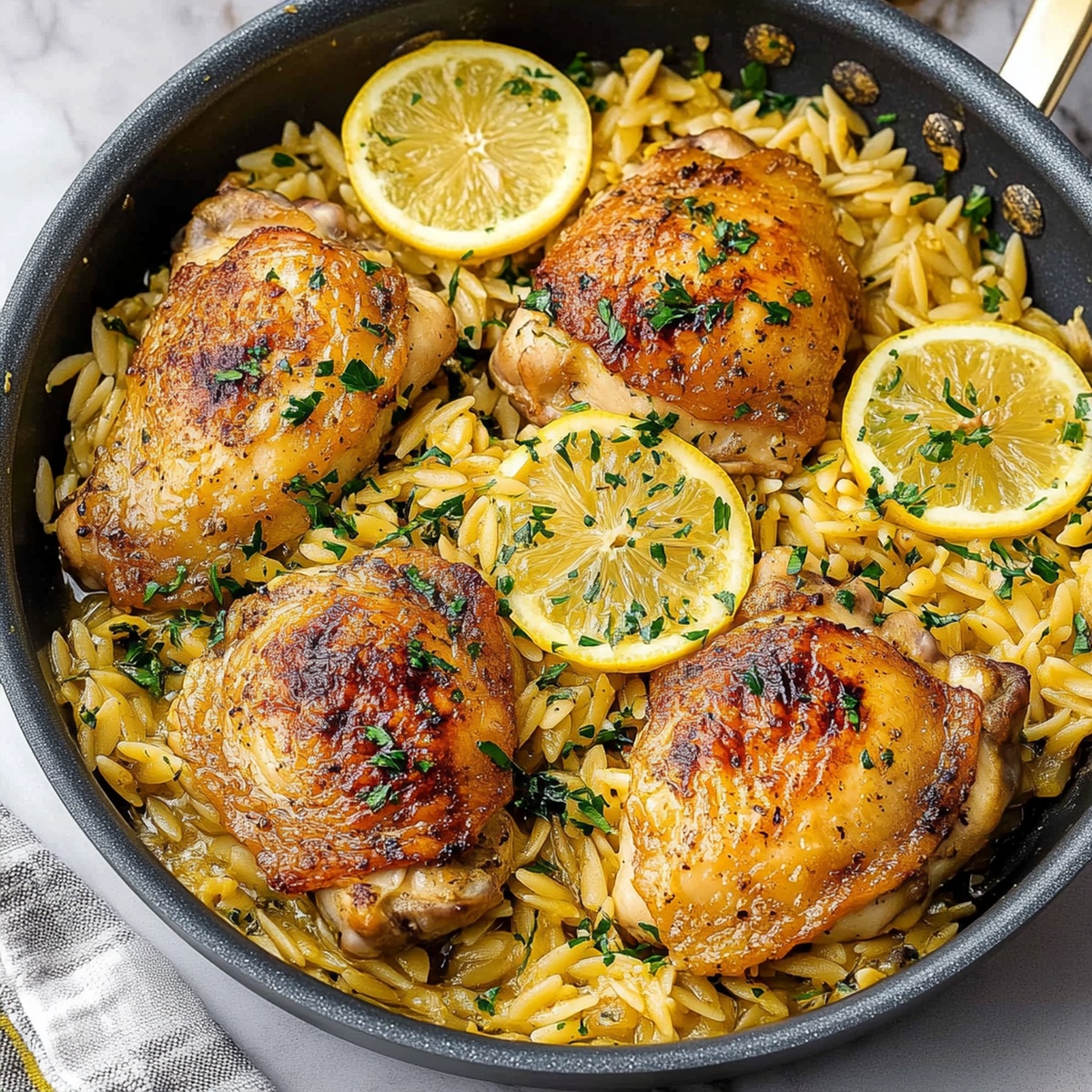 Juicy Lemon Garlic Chicken Thighs with Orzo Recipe