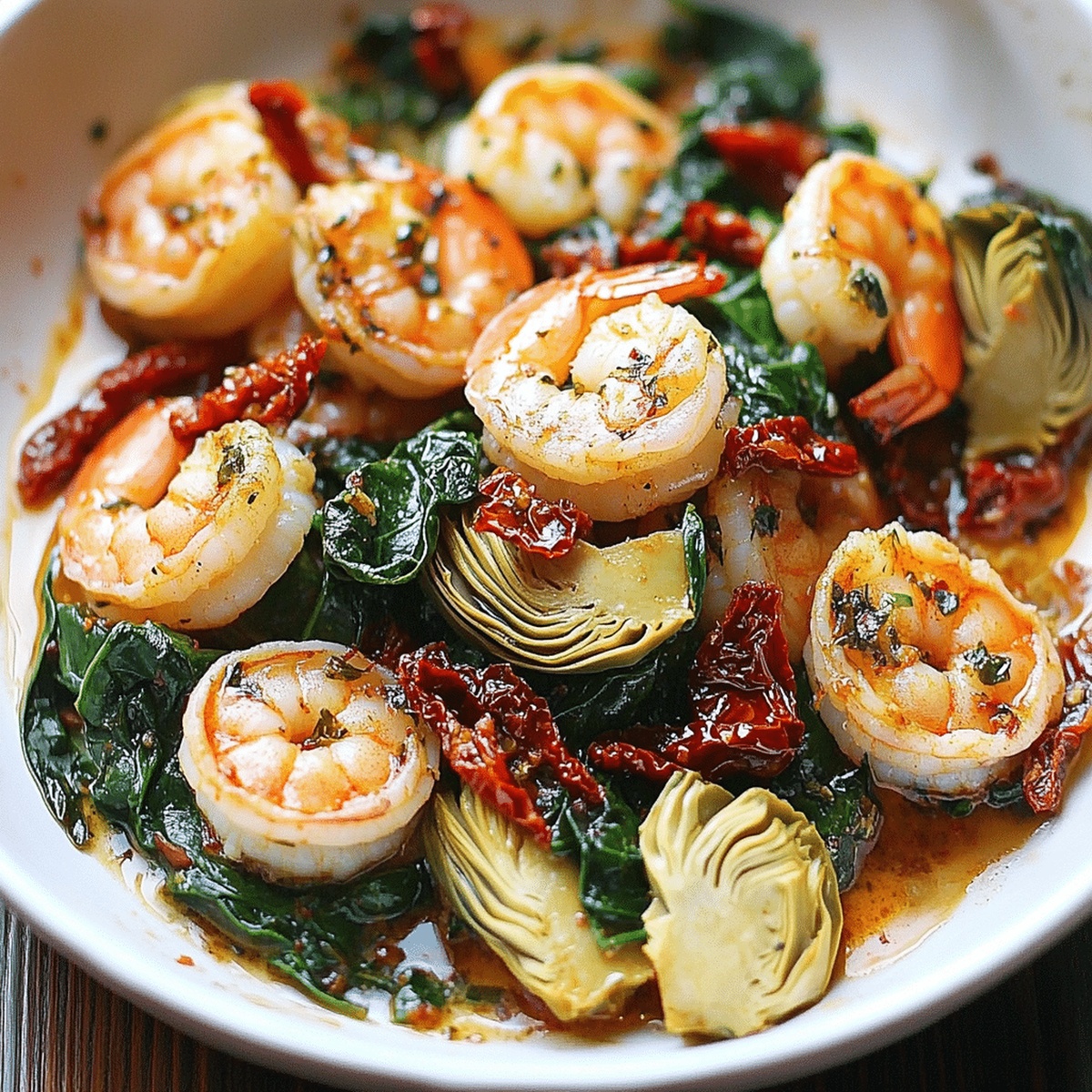 Tuscan Shrimp With Spinach, Artichokes, And Sun-Dried Tomatoes Recipe